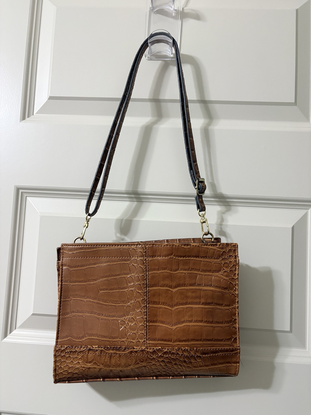 Croc-Embossed Brown Leather Shoulder Bag